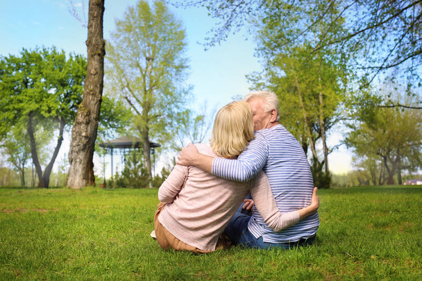 Couple d'âge mûr se reposant dans le parc le jour du printemps
 - Photo, image