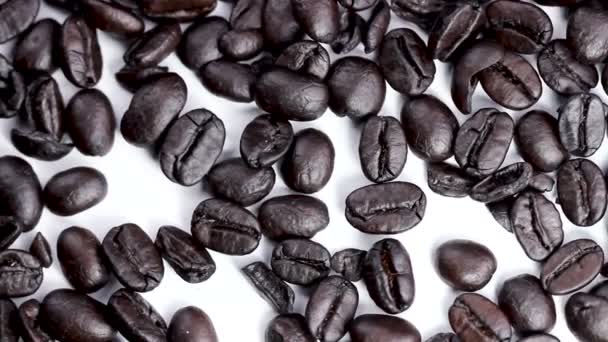 Zwarte koffie bonen draaien op witte ondergrond close-up. - Video
