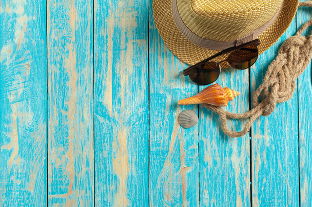 Summer Beach accessories on blue wooden table - Valokuva, kuva
