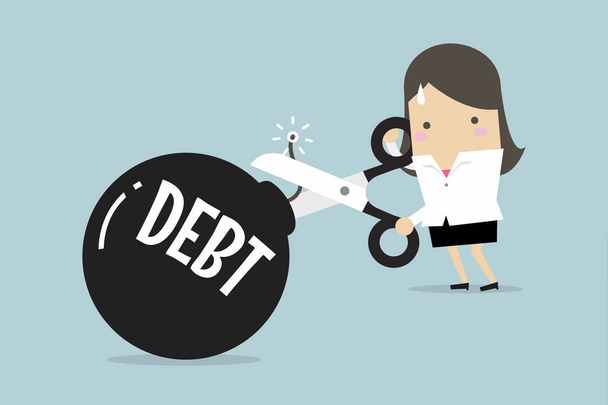 Schuldenbombe zerschneiden, Geschäftsfrau die Schere in der Hand halten, um Schulden zu senken. Vektor - Vektor, Bild