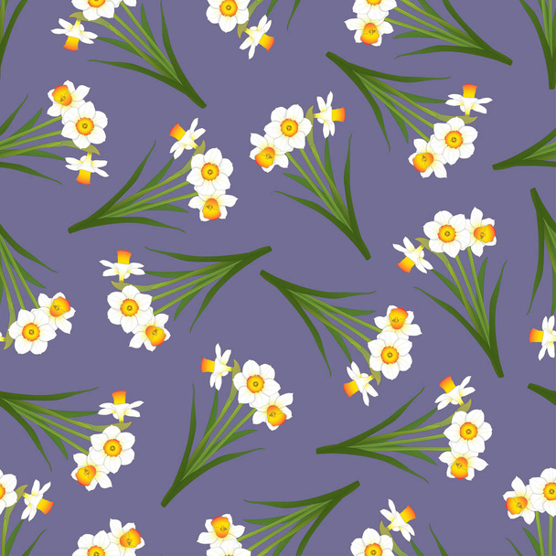 White Daffodil - Narcissus Seamless on Purple Background. Vector Illustration. - Vector, Image