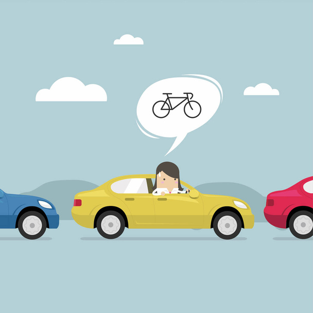 Businesswoman on the road with traffic jam, Thought to work by bike better. vector - Vector, Image