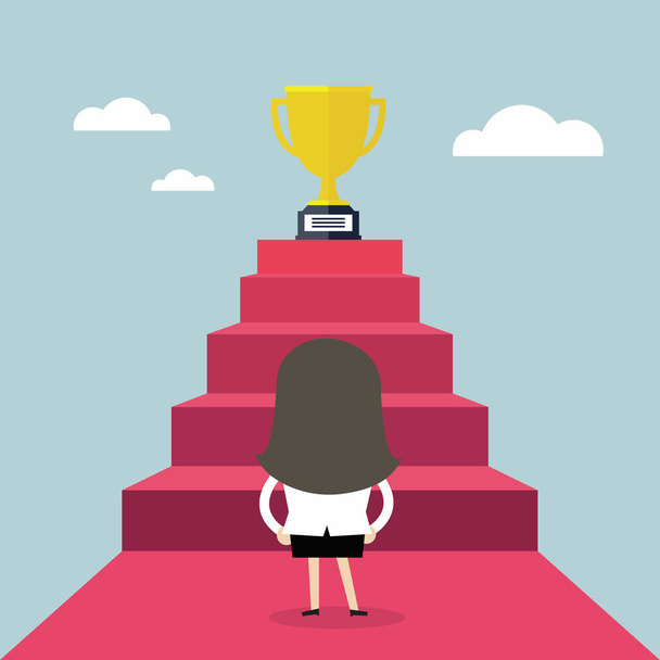 Femme d'affaires debout devant l'escalier qui mène au trophée, raccourci vers le succès, vecteur
 - Vecteur, image