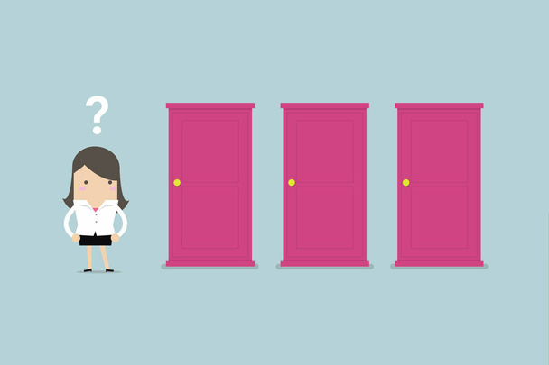 Businesswoman standing beside three doors, unable to make the right decision concept with question marks above her head. - Vector, Image