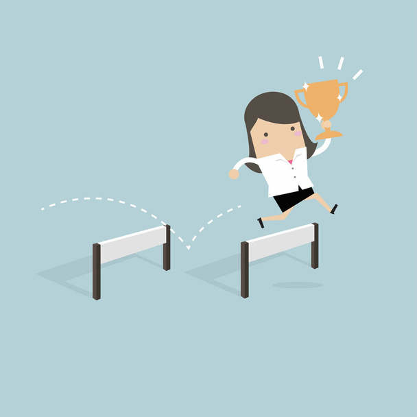 Businesswoman jumping over obstacle and holding trophy. vector - Vector, Image