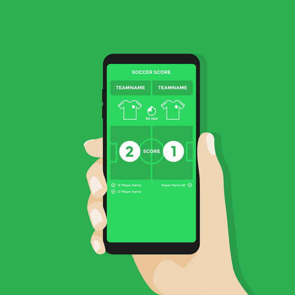 Smartphone de mano con aplicación de fútbol o fútbol en pantalla
. - Vector, Imagen