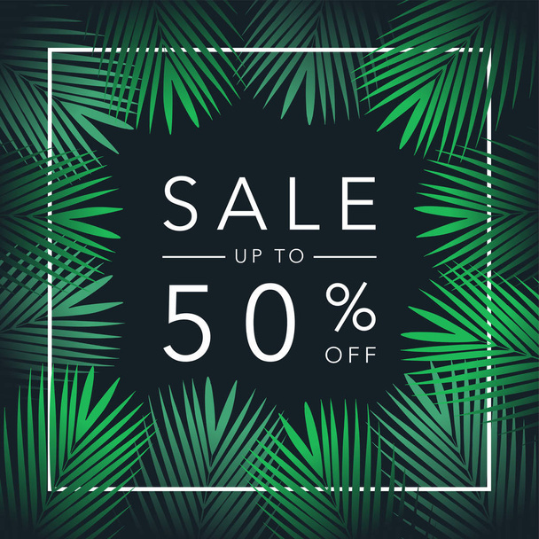 Sale up to 50 percent season discounts banner with palm leaves. Shop market poster design. Vector - Wektor, obraz