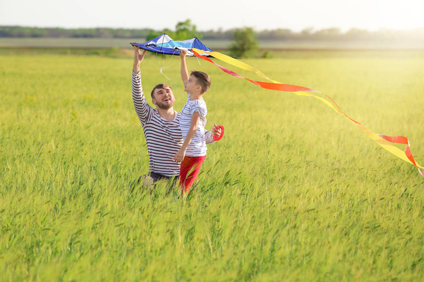 Gelukkig vader en zoon vliegen vlieger op het gebied - Foto, afbeelding