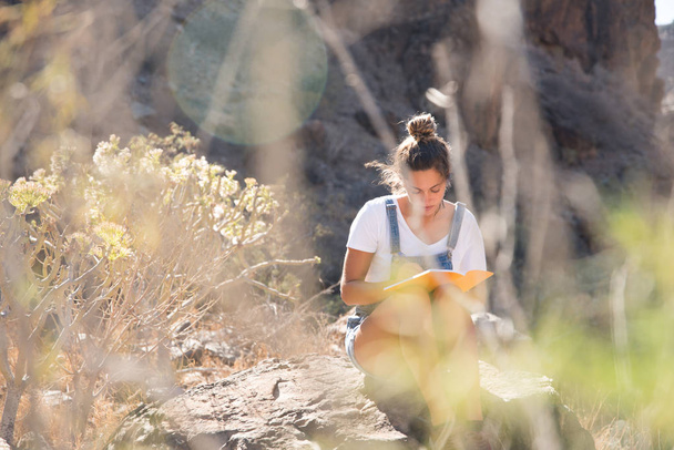 Woman sitting on a rock reading a book in the mountains - Fotoğraf, Görsel
