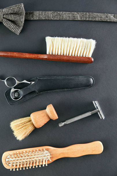 Barber Shop Tools And Equipment. Men's Grooming Tools And Accessory On Grey Background. High Resolution - 写真・画像