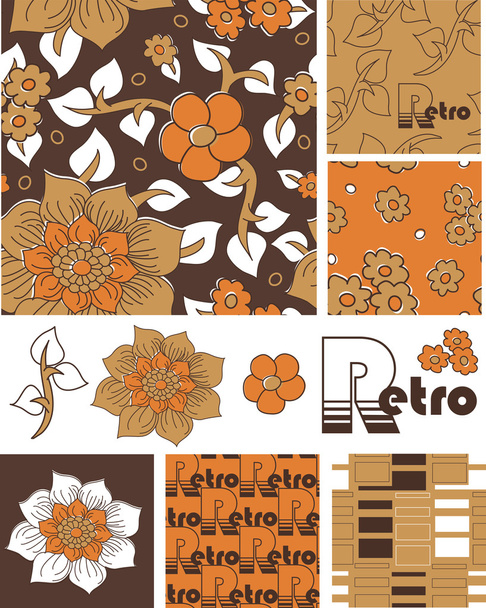 Patrones e iconos florales sin costura de vectores retro de 1970
. - Vector, imagen