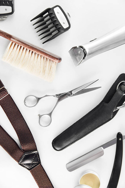 Barbershop Tools. Barber Supplies And Equipment On White Table In Men Hair Salon. Men's Grooming Tools. High Resolution - Photo, Image