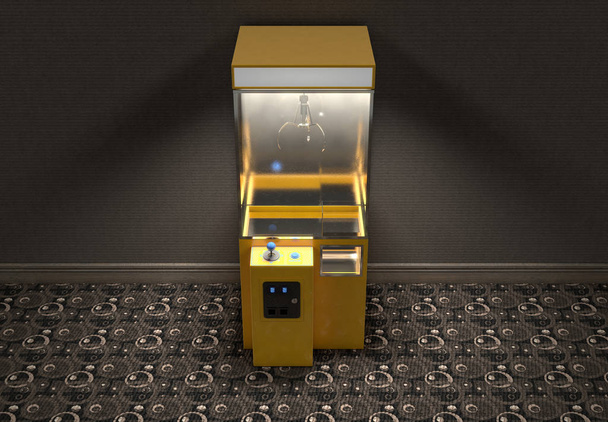 Bir loş ışıklı vintage odası - 3d render bir sarı boş arcade türü pençe kapmak oyunu - Fotoğraf, Görsel