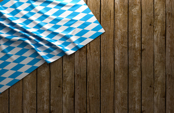 木製 3 d レンダリング上バイエルン白と青のファブリックでオクトーバーフェストの素朴な背景 - 写真・画像