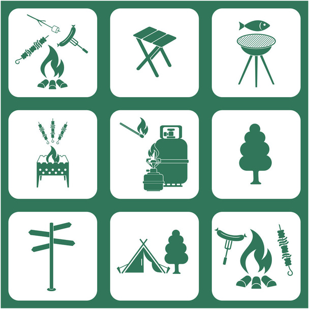 Set of travel and camping equipment icons. Vector illustration - Vektör, Görsel