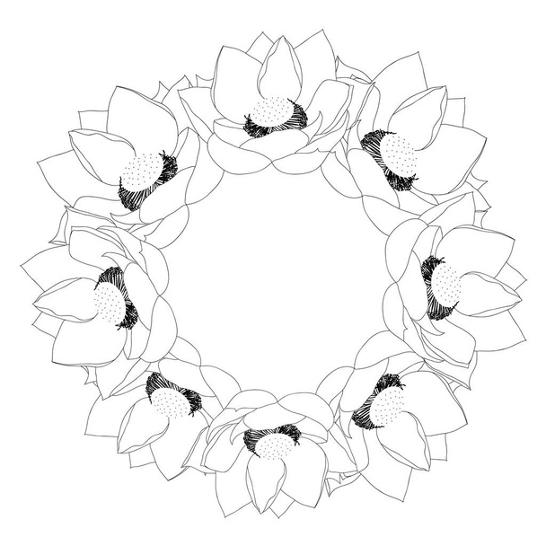 Indian lotus Outline Wreath. (Nelumbo nucifera,sacred lotus, bean of India, Egyptian bean. National flower of India and Vietnam) Vector Illustration.  - Vektör, Görsel