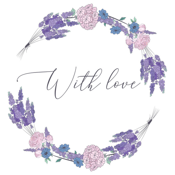 With love. Round wreath with lavender and peonies - Vektor, Bild