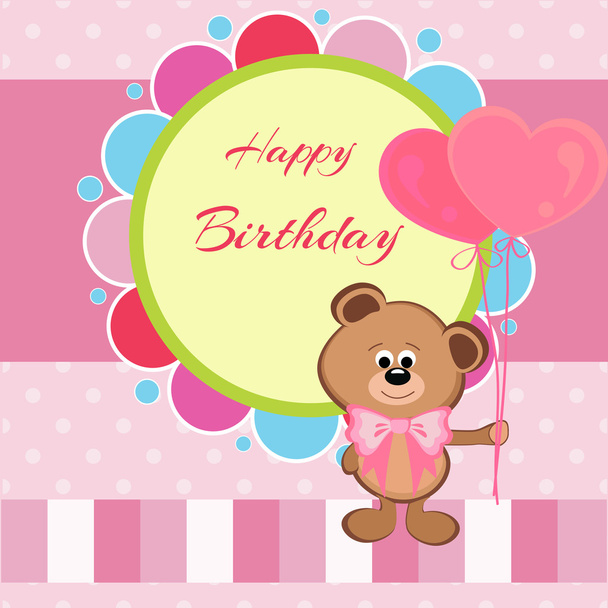 Happy birthday card with teddy bear and heart shaped balloons - Vector, Image