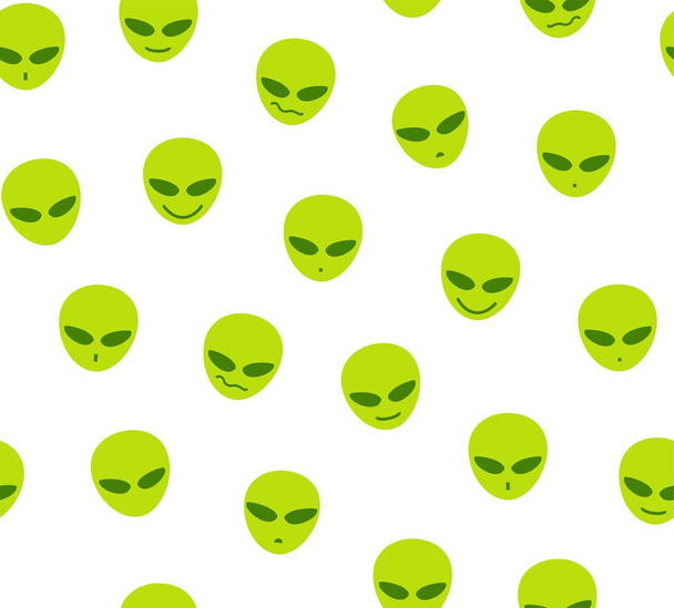 Aliens, seamless pattern, white, green, different emotions, vector. Green alien faces on a white field. Decorative seamless pattern. Vector image.  - Вектор,изображение