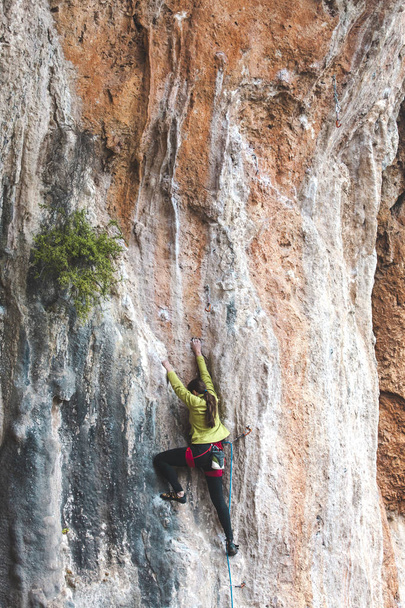 女性は、岩を登っていきます。自然の中を登る。フィットネス アウトドア。アクティブなライフ スタイル。極端なスポーツ。自然の救済で選手の列車. - 写真・画像