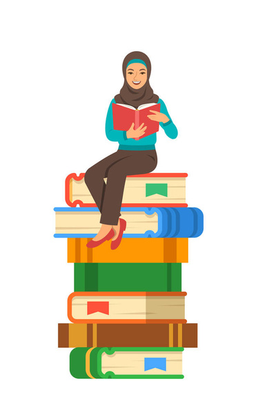 Jovem estudante árabe lê livro aberto sentado na pilha de livros gigantes. Conceito de ensino médio. Ilustração de desenho animado vetorial. Preparação do exame com livro de papel. Juventude moderna e bem educada
 - Vetor, Imagem