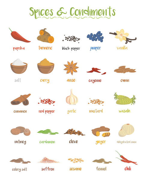 Lot de 25 espèces culinaires différentes et condiments en style dessin animé
. - Vecteur, image