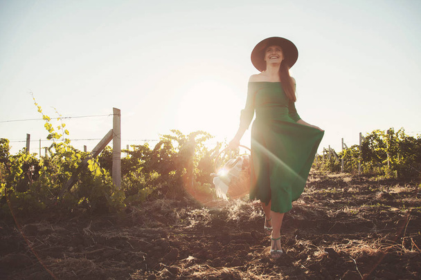 Μια όμορφη κοπέλα που περπατά σε ένα πεδίο των αμπελώνων σε ένα πράσινο μακρύ φόρεμα και με ένα καλάθι στα χέρια της. - Φωτογραφία, εικόνα
