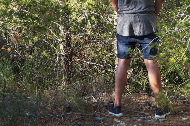 a young caucasian man wearing shorts and T-shirt seen from behind peeing in the woods - Foto, Imagem