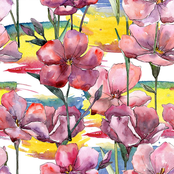 Vadvirág rózsaszín len. Virágos botanikai virág. Varratmentes háttérben minta. Szövet nyomtatási textúrát. A háttér textúra, burkoló minta, keret vagy határ Aquarelle vadvirág. - Fotó, kép