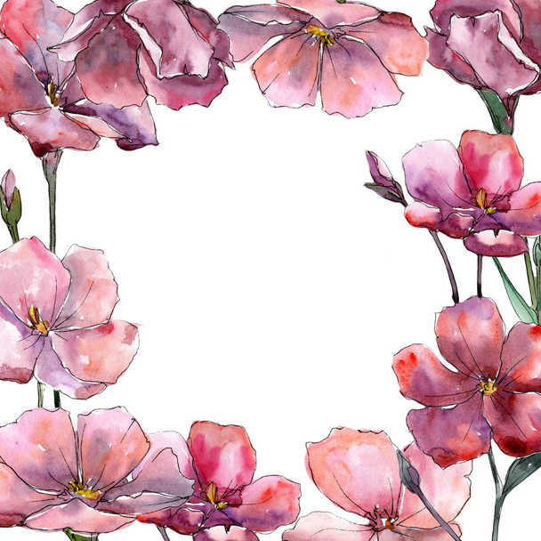 Wildflower pink flax. Floral botanical flower.Frame border ornament square. Aquarelle wildflower for background, texture, wrapper pattern, frame or border. - Fotoğraf, Görsel