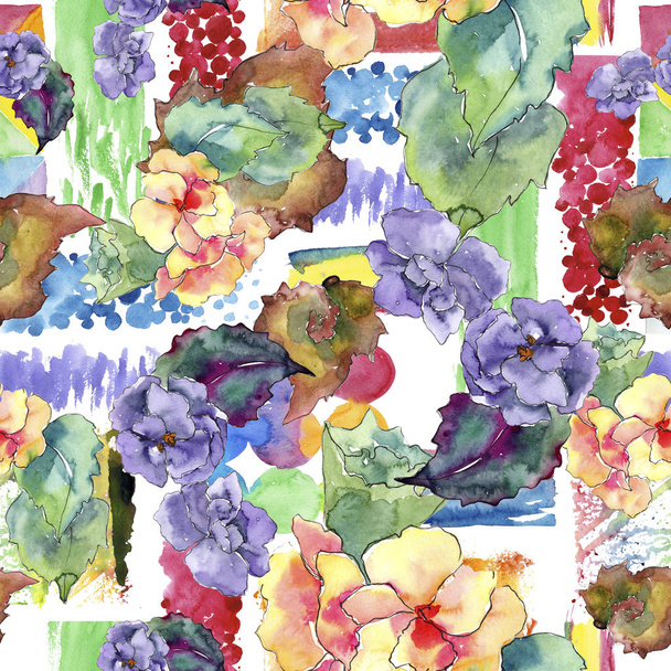 Purple and orange gardania flowers. Seamless background pattern. Fabric wallpaper print texture. Aquarelle wildflower for background, texture, wrapper pattern, frame or border. - Photo, Image