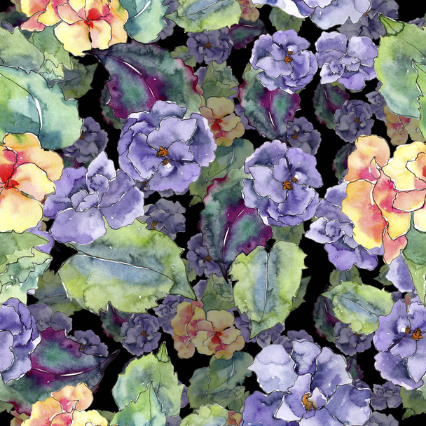Purple and orange gardania flowers. Seamless background pattern. Fabric wallpaper print texture. Aquarelle wildflower for background, texture, wrapper pattern, frame or border. - Foto, Bild