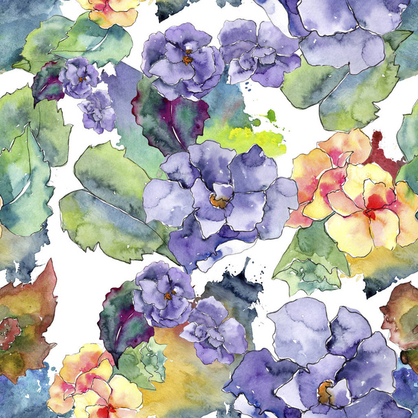 Purple and orange gardania flowers. Seamless background pattern. Fabric wallpaper print texture. Aquarelle wildflower for background, texture, wrapper pattern, frame or border. - Photo, Image