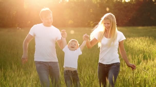 gelukkige familie, moeder, vader en zoon op een emotionele wandeling. Lopen en genieten van het leven in een groen veld in de frisse lucht, de blauwe hemel, de aard - Video