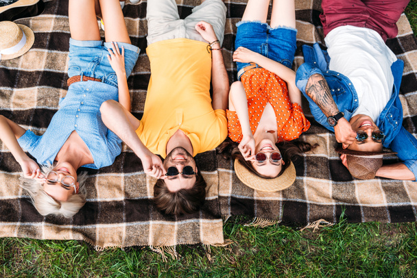 vista aerea di amici interrazziali in occhiali da sole poggianti su una coperta nel parco
 - Foto, immagini