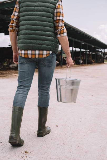 tiro recortado de granjero en botas de goma sosteniendo cubo y caminando en establo
 - Foto, Imagen