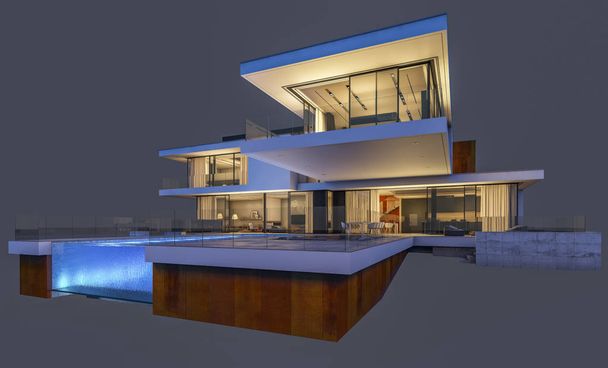 3d rendering of modern cozy house at night with garage for sale or rent. Isolated on gray. - Photo, Image