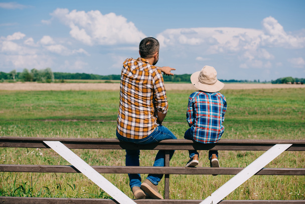vista trasera del padre y el hijo sentados en la valla y mirando el campo verde
 - Foto, Imagen