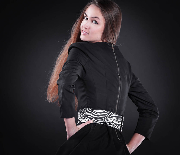 portrait of stylish young woman in black dress - Фото, изображение
