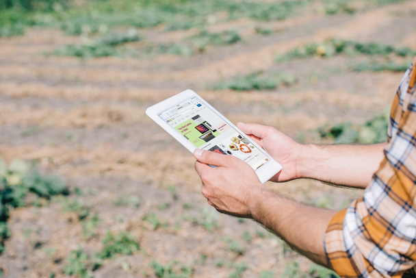 bijgesneden schot van landbouwproducent met gebruikmaking van digitale tablet met de ebay-website terwijl staande op veld   - Foto, afbeelding