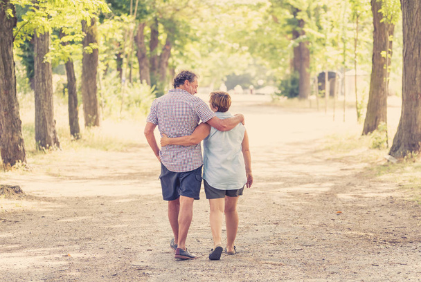 Rear view of happy senior couple in love walking and embracing in the park. - Photo, image