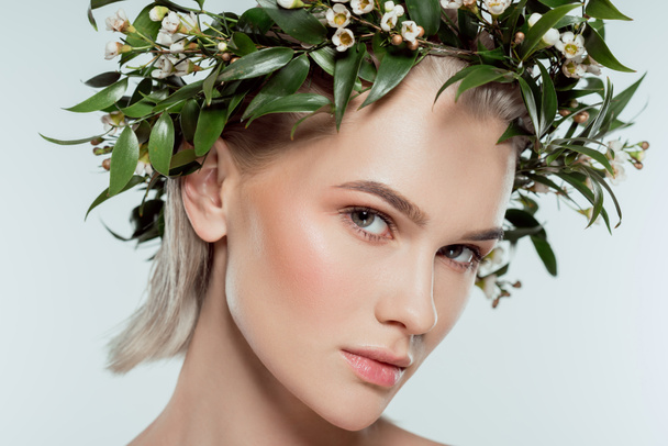 portrait of blonde girl in floral wreath, isolated on grey, natural beauty - Fotografie, Obrázek