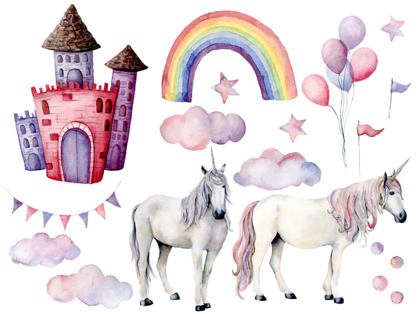 Ακουαρέλα με μονόκερους και διακόσμηση παραμύθι. Χειροποίητη μαγική άλογα, το κάστρο, το ουράνιο τόξο, σύννεφα, αστέρια και αέρα μπαλόνια που απομονώνονται σε λευκό φόντο. Χαριτωμένο ταπετσαρία για το σχεδιασμό ή φόντο. - Φωτογραφία, εικόνα
