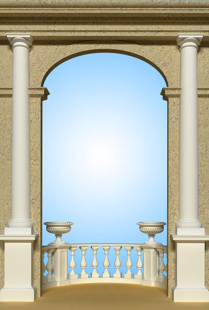 Łukowate balkon z balustradą, wazony i kolumny, renderowania 3d   - Zdjęcie, obraz