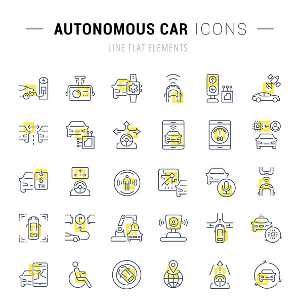 Set of vector line icons and signs with yellow squares of autonomous car for excellent concepts. Collection of infographics logos and pictograms. - Vector, Image