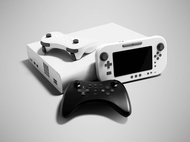 Modern game console white with two dzhostikami and portable game console 3d render on gray background with shadow - Foto, Imagen
