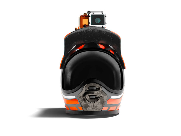 Moderno casco moto arancione con action camera arancione sul fronte rendering 3d su sfondo bianco con ombra
 - Foto, immagini