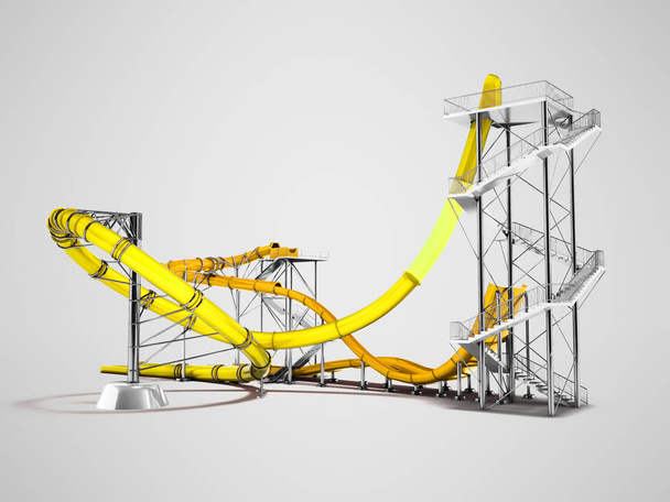 Βόλτα με roller coaster μοντέρνο κίτρινο νερό για το πάρκο νερού για 3d rendering σε γκρι φόντο με σκιά - Φωτογραφία, εικόνα