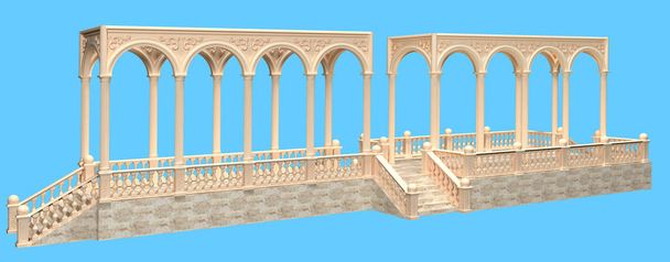 Parveke roomalainen arkkitehtoninen tyyli kaide ja portiikki kulku, sarakkeet, kaaret ja stukki 3D renderöinti
 - Valokuva, kuva