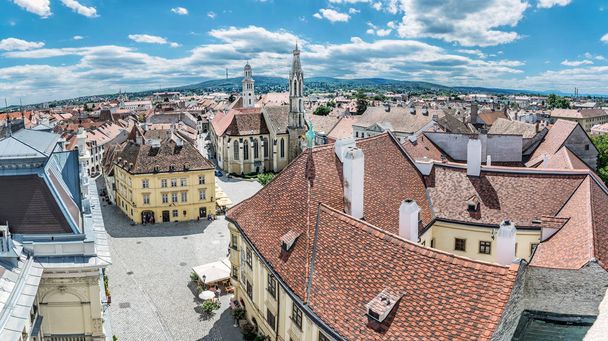 Historic Main square from Fire tower, Sopron, Hungary. Panoramic photo. Travel destination. Architectural theme. - Фото, зображення